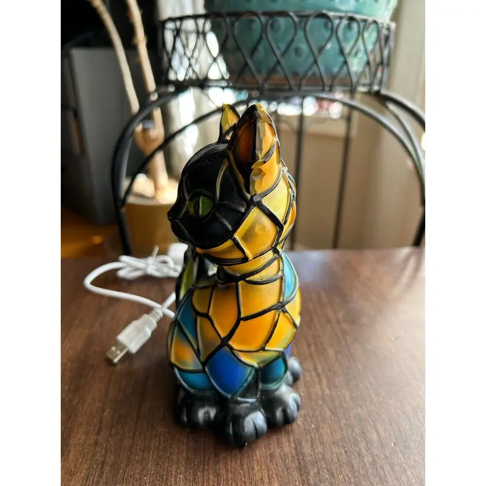 Stained Glass Look Cat Night Light - 3D Resin Animal Table Lamp